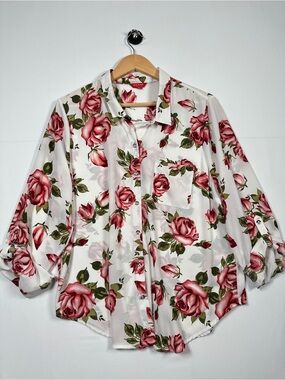 Guess Rose Print Button Down Blouse Sheer Floral Top XL Coquette Romantic Y2K